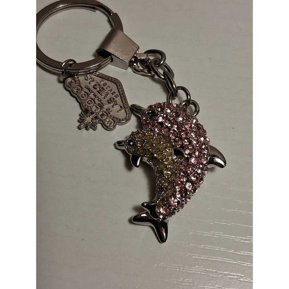 Las Vegas Dolphin Rhinestone Keychain Pink Yellow Crystal Bling Souvenir